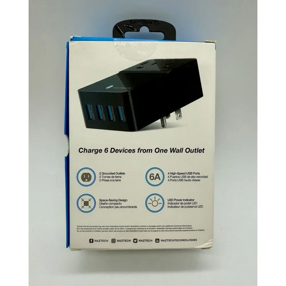 Naztech Fast Multi-Device USB Charger 2 AC outlets 4 High Speed USB 2.0 Ports 6A